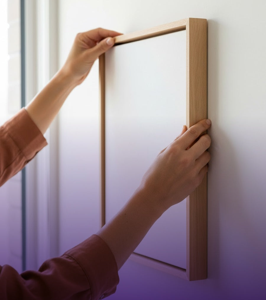 Person holding a wooden frame against a white wall