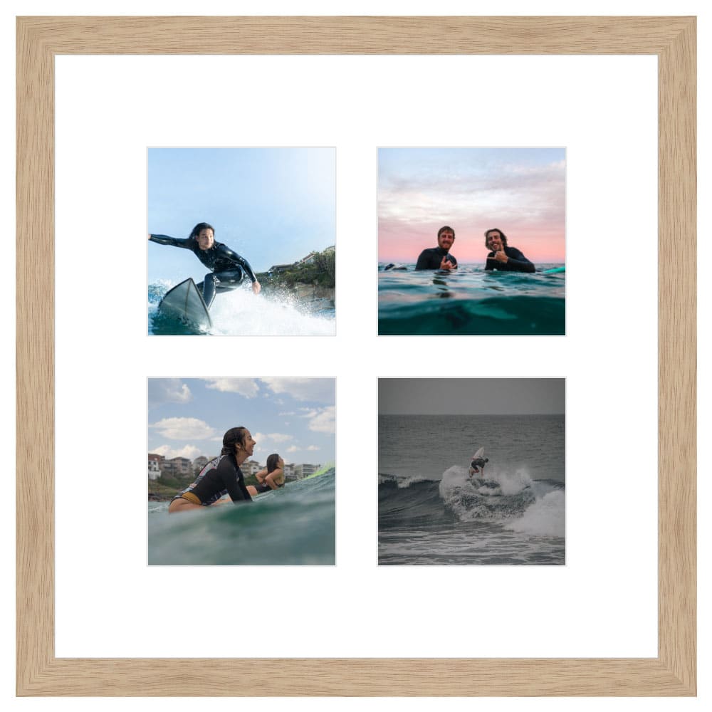 Collage of four surfing photos in a light wood frame with white matting.