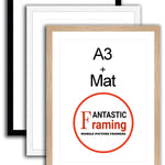 3 A3 picture frames in black, white, and wood finish, featuring Fantastic Framing logo.
