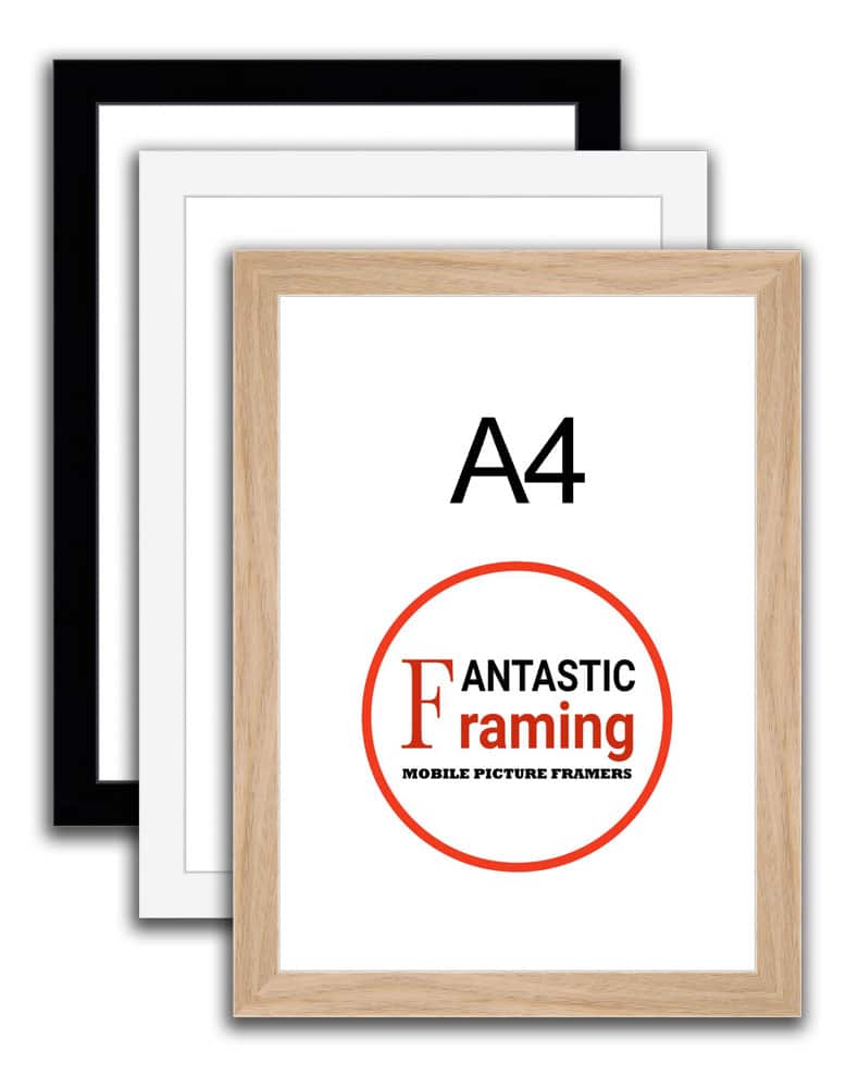 Three A4 picture frames in black, white, and wood finish, featuring Fantastic Framing logo.
