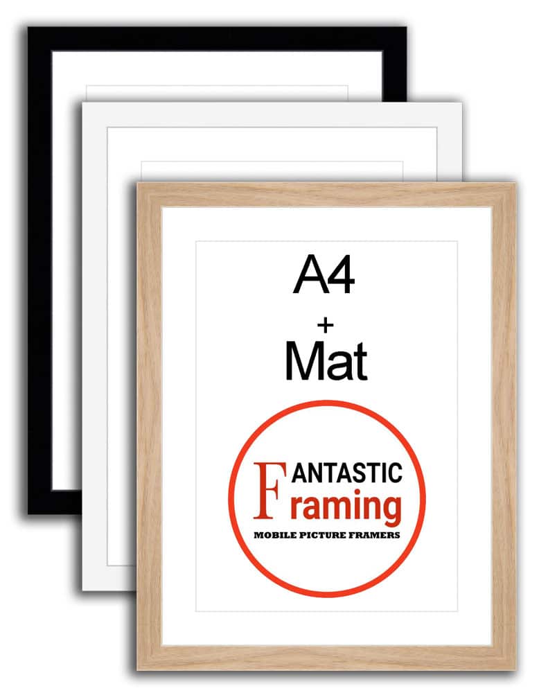 3 A4 picture frames in black, white, and wood finish, featuring Fantastic Framing logo.
