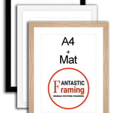 3 A4 picture frames in black, white, and wood finish, featuring Fantastic Framing logo.