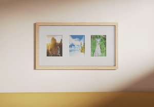 Framed artwork with three different landscapes on a wall.