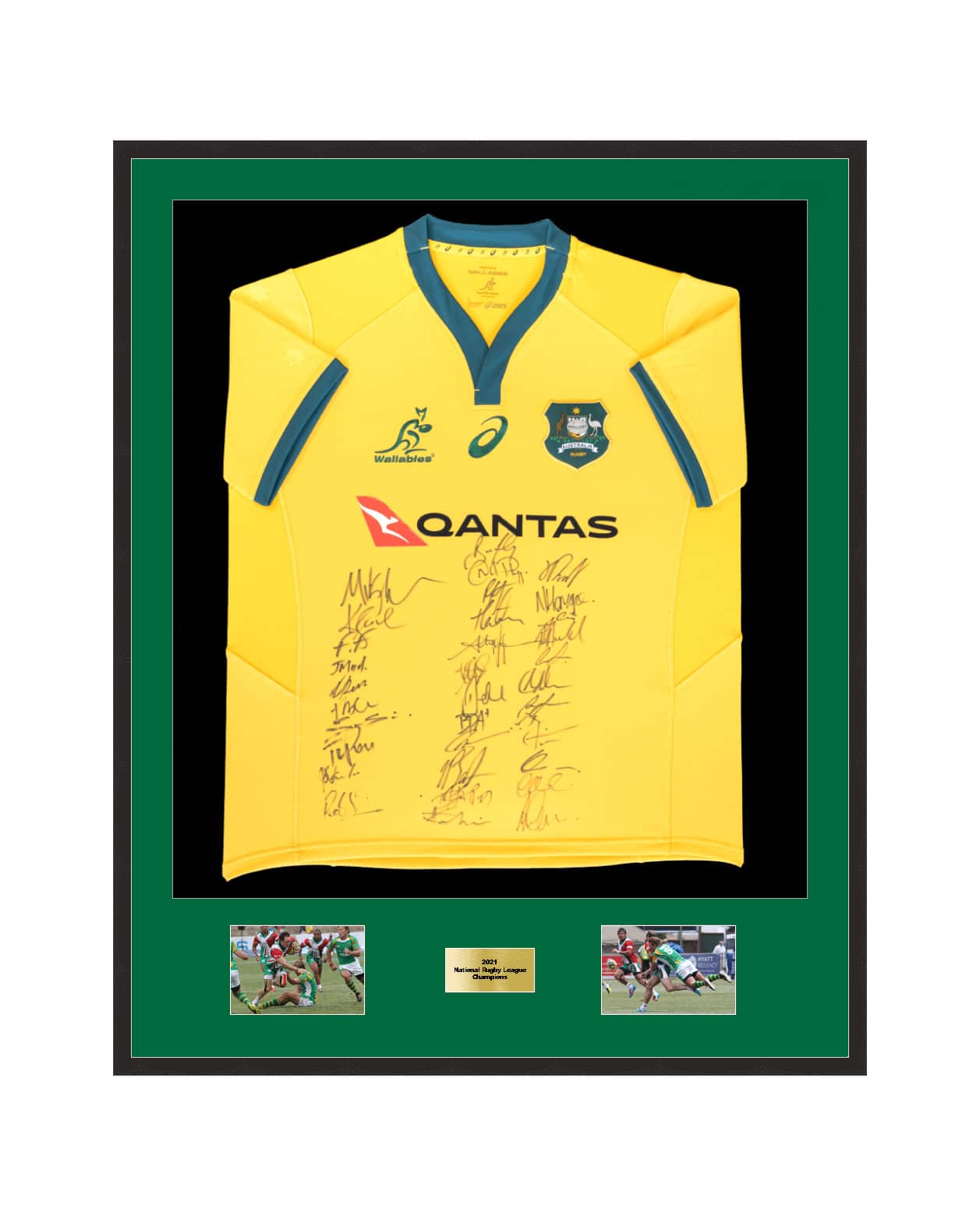 Framed Australian Wallabies rugby jersey with player autographs and action photos.