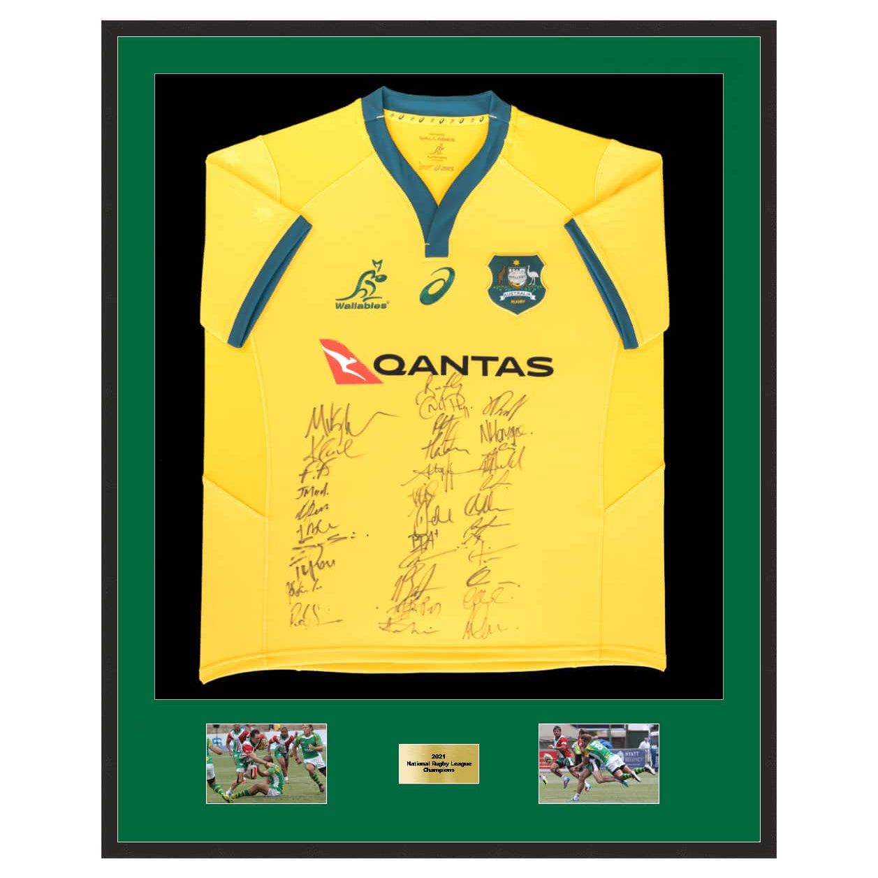 Framed Australian Wallabies rugby jersey with player autographs and action photos.