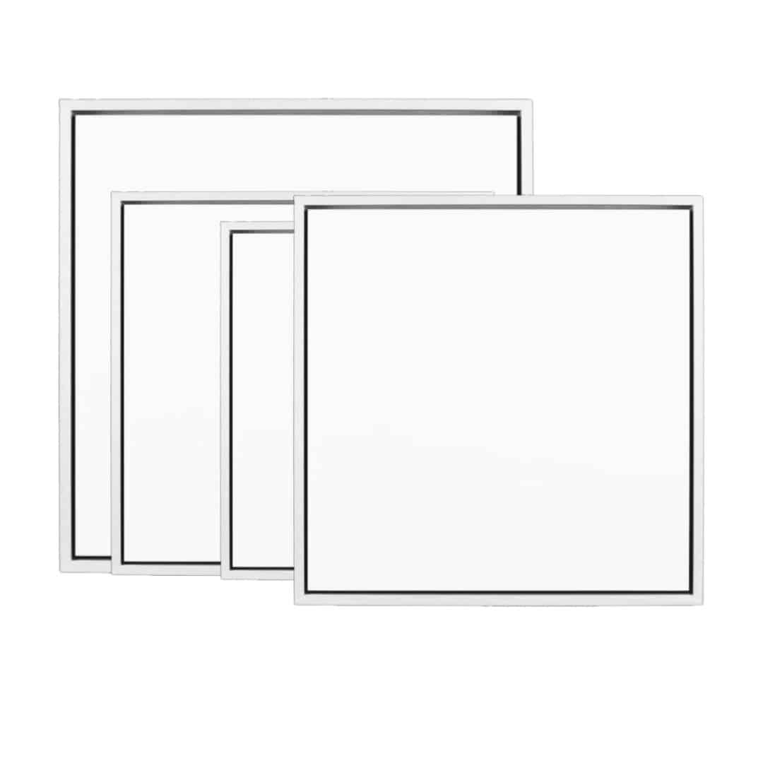 Assorted Square: 1x – 30x30cm, 1x – 60x60cm, 1x – 90x90cm, 1x – 100x100cm
White floating frame
Cotton White Primed