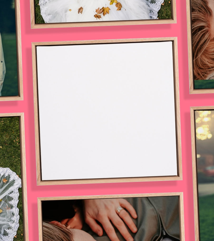 Collage of various images with a pink border, including a close-up of hands and a wedding ring.