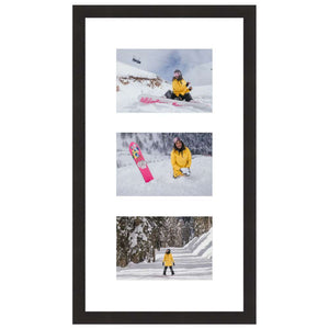 Framed photos of snowboarder in yellow jacket in snowy landscape.