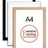 Three A4 picture frames in black, white, and wood finish, featuring Fantastic Framing logo.